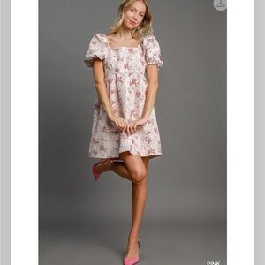 791. Jacquard heart puff sleeve mini dress pink